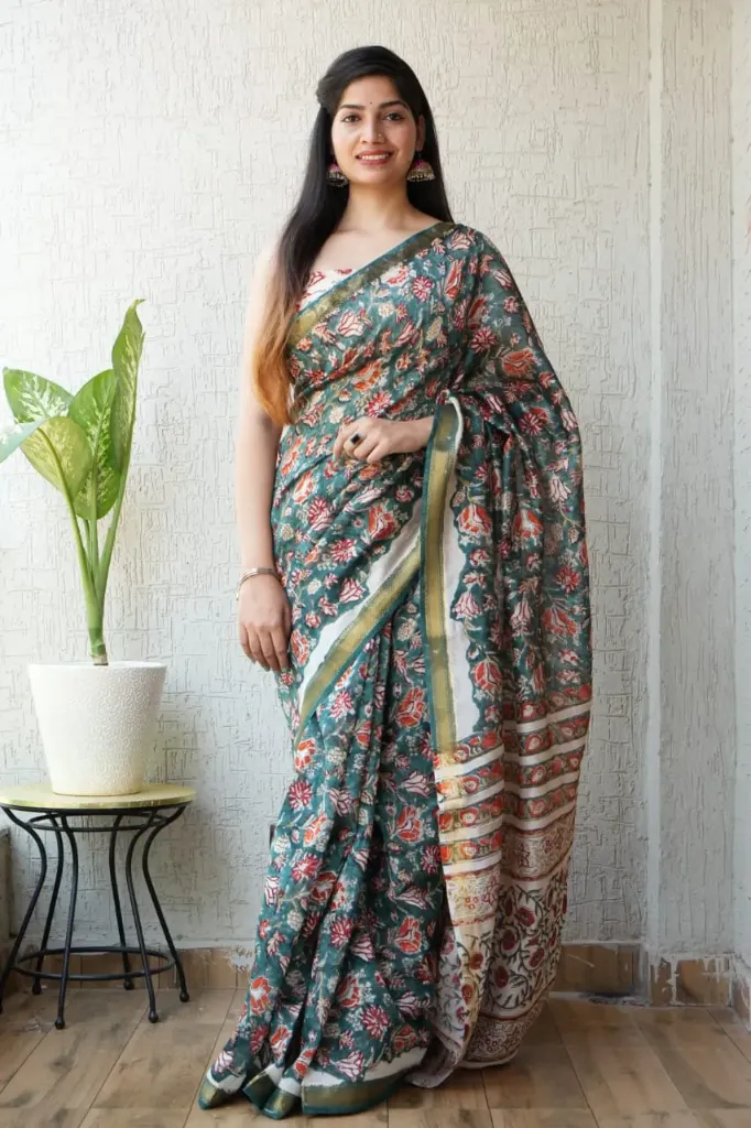 Hand block, kalamkari Ajrak Print  teal greenish blue colour floral pattern  maheswari Silk saree
