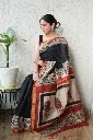 Hand block, kalamkari Ajrak Print  black, beige colour  border pallu pattern  maheswari Silk saree (copy)