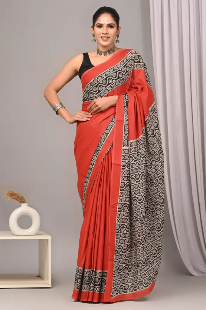 Hand block print cotton mulmul red saree