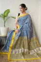 Hand block, kalamkari Ajrak Print  light blue with yellow border  maheswari Silk saree