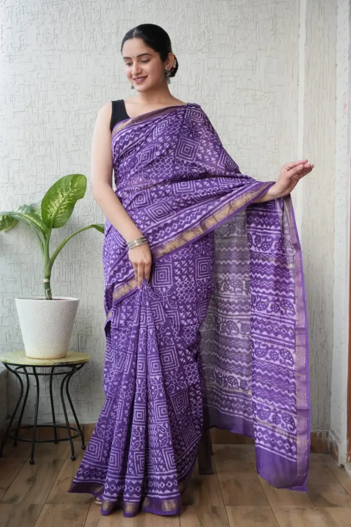 Hand block, kalamkari , hand batique Ajrak Print  purple colour maheswari Silk saree