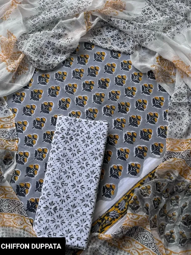 Hand Block printed cotton  grey and white dress material(suit) with chiffon duptta.