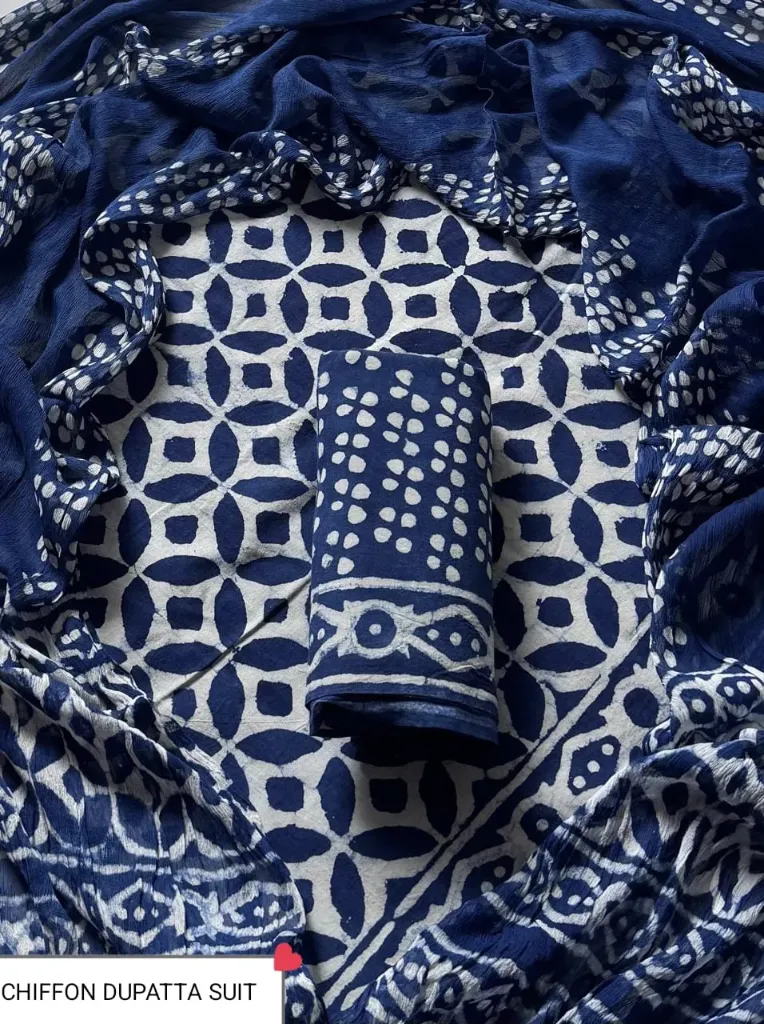 Hand Block printed  ajrak cotton  blue and white dress material(suit) with chiffon duptta. (