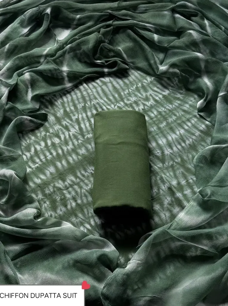 Hand Block printed  shibori print cotton  teal green colour top and green bottom with chiffon lahariya duptta dress material(suit)