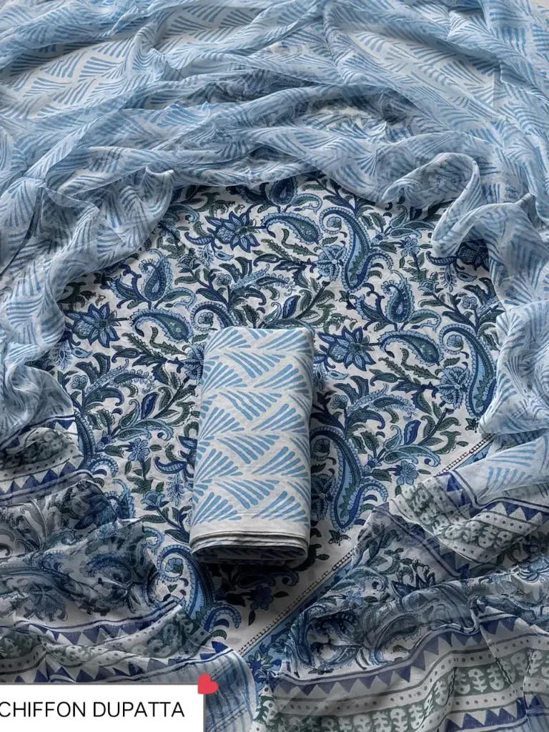 Hand Block printed  floral print cotton  blue and white colour  with chiffon duptta dress material(suit)