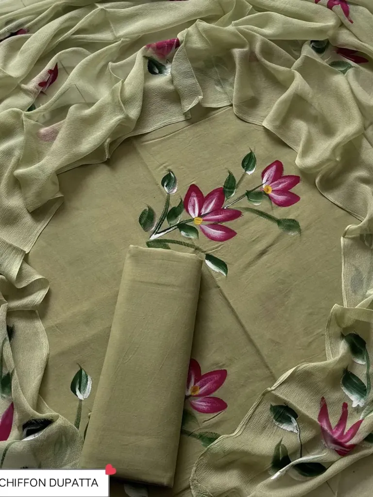 Hand brush printed   cotton  henna green colour  with chiffon  duptta dress material(suit)