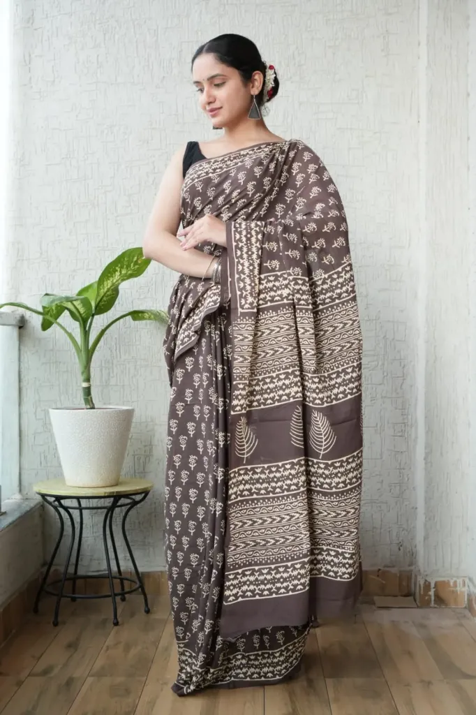 Hand block printed Cotton mulmul Saree Brown with cream white saree