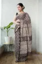 Hand block printed Cotton mulmul Saree Brown with cream white saree