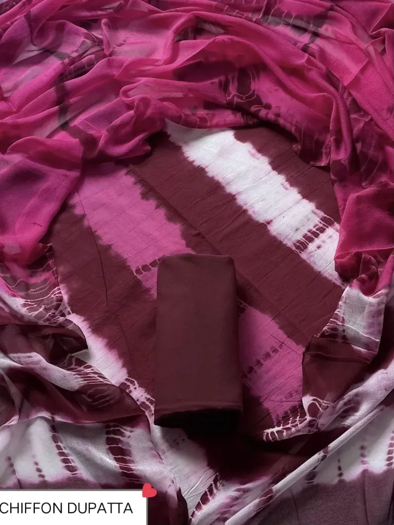 Hand tie and die printed   cotton  dark pink and mehroon colour  with chiffon  duptta dress material(suit)