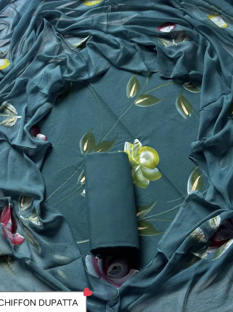 Hand brush printed   cotton  greyish blue colour  with chiffon  duptta dress material(suit)