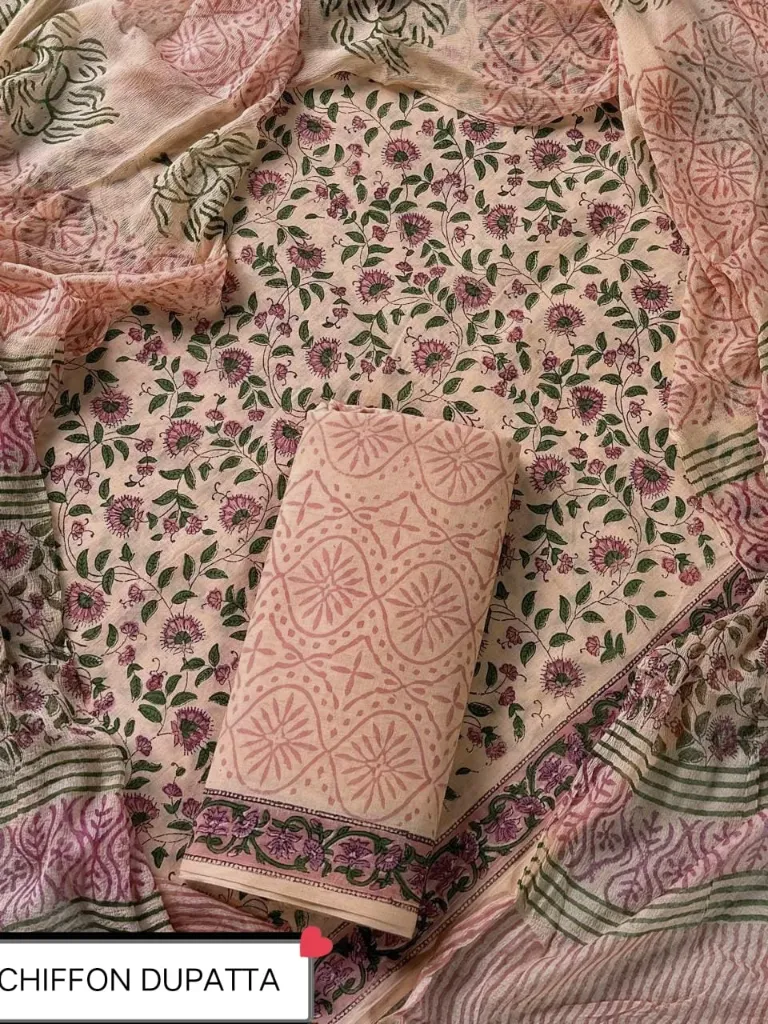 Hand block floral printed   cotton  fuchsia pink and green colour  with chiffon  duptta dress material(suit)