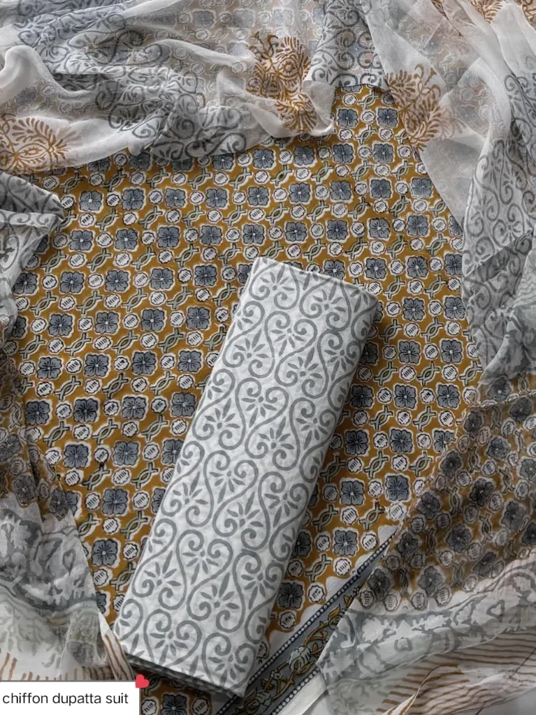 Hand block floral printed   cotton  mustard yellow grey and white colour  with chiffon  duptta dress material(suit)
