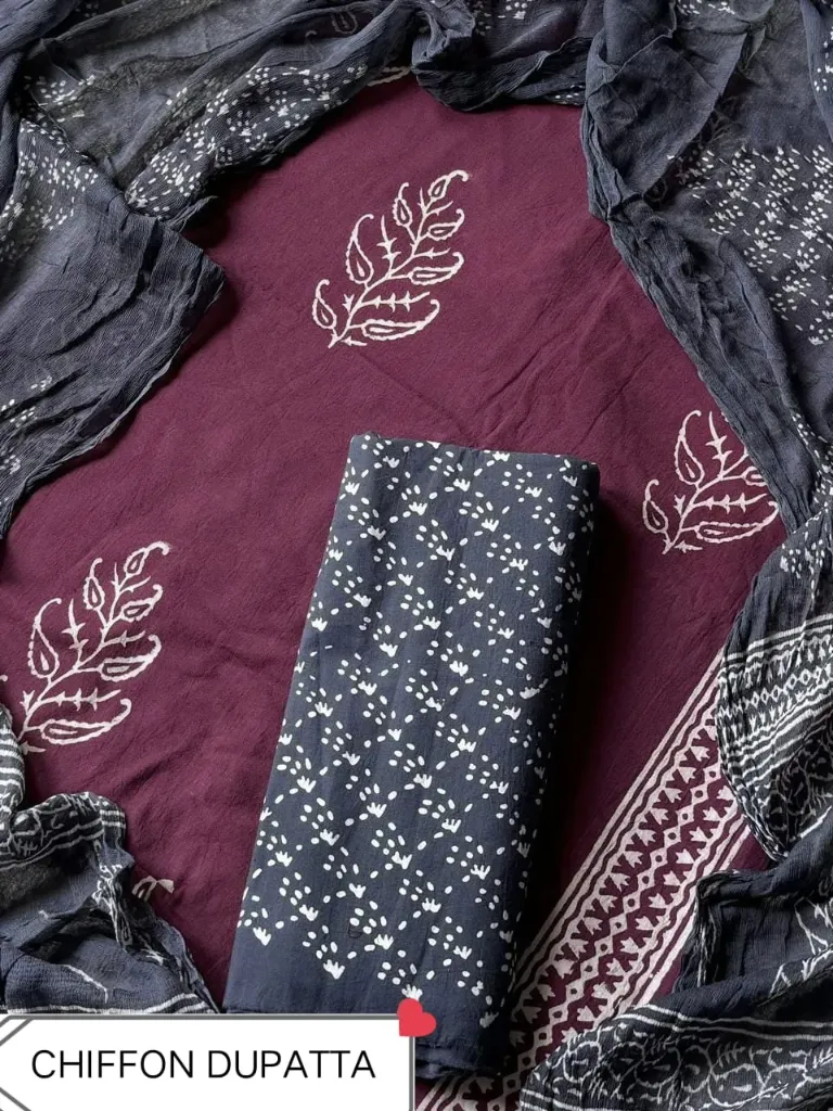 Hand block printed   cotton wine and grey colour  with chiffon  duptta dress material(suit)
