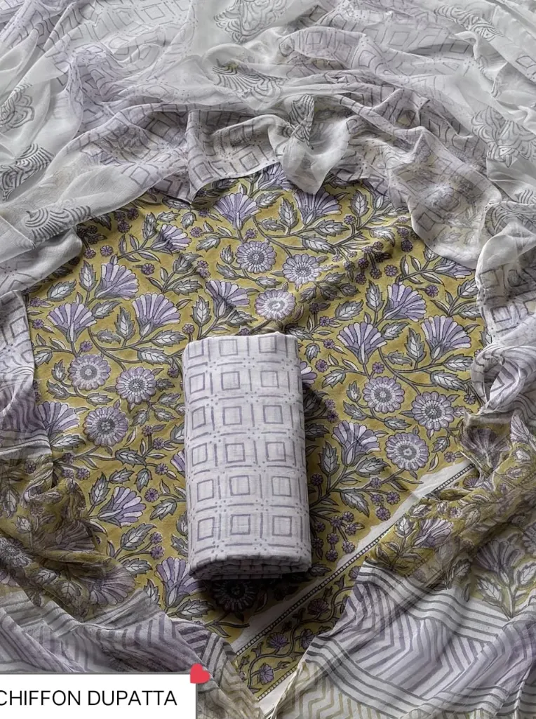 Hand block printed   cotton mustard yellow and olive green colour  with chiffon  duptta (Geomerical pattern )dress material(suit)