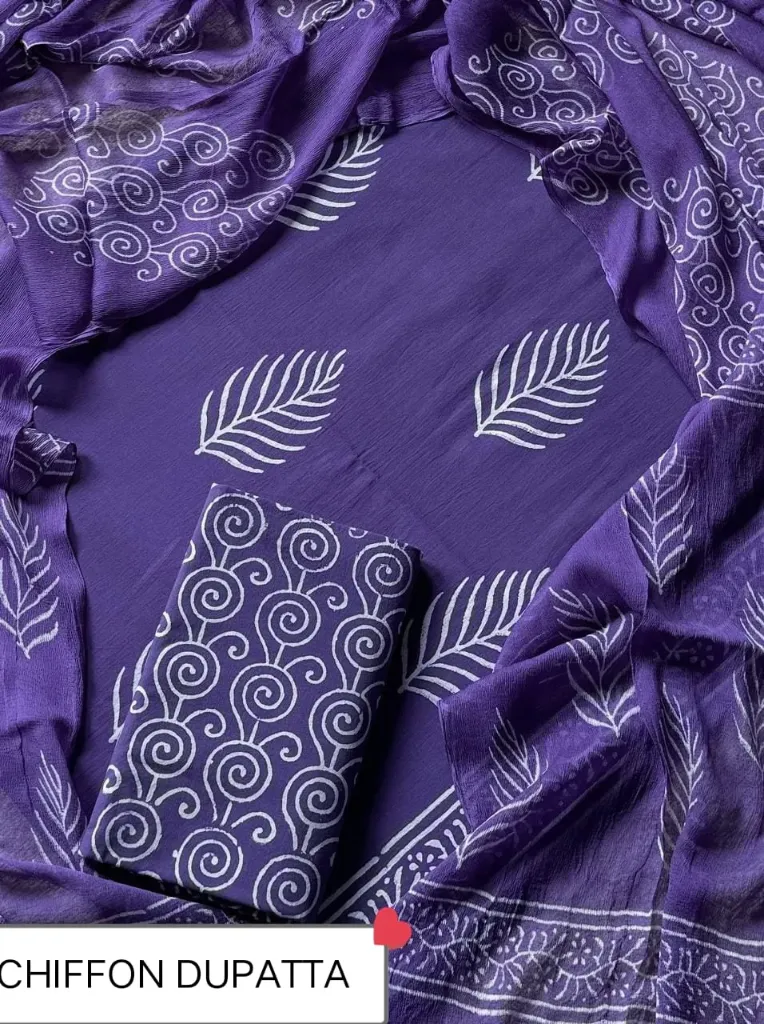Hand block printed   cotton purple colour  with chiffon  duptta dress material(suit)