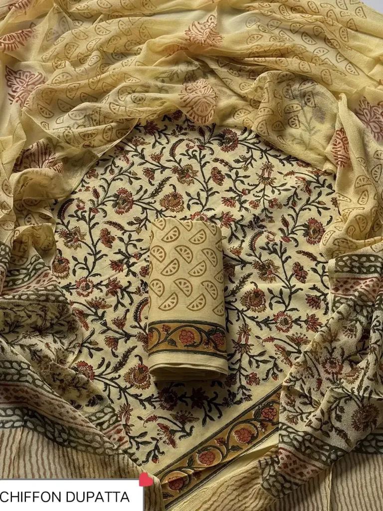 Hand block printed   cotton white and mustured yellow colour with chiffon  duptta dress material(suit)