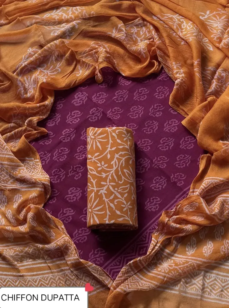 Hand block printed   cotton wine and  brick colour with chiffon  duptta dress material(suit)