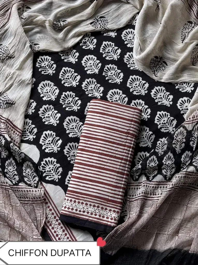 Hand block printed   cotton black and  white colour with chiffon  duptta dress material(suit)