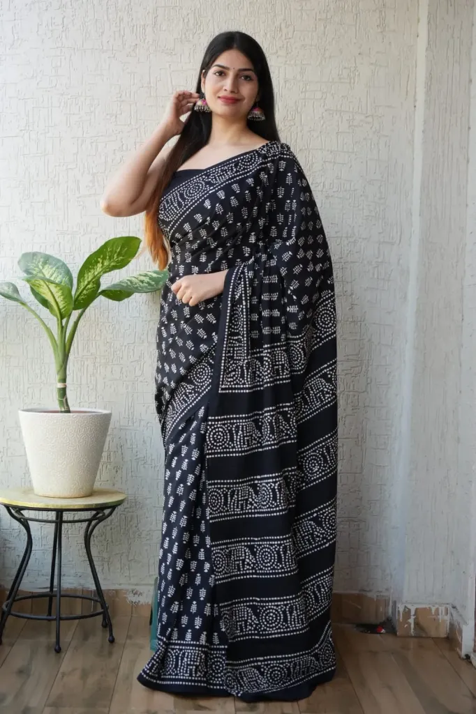 Hand block printed Black colour cotton mulmul saree