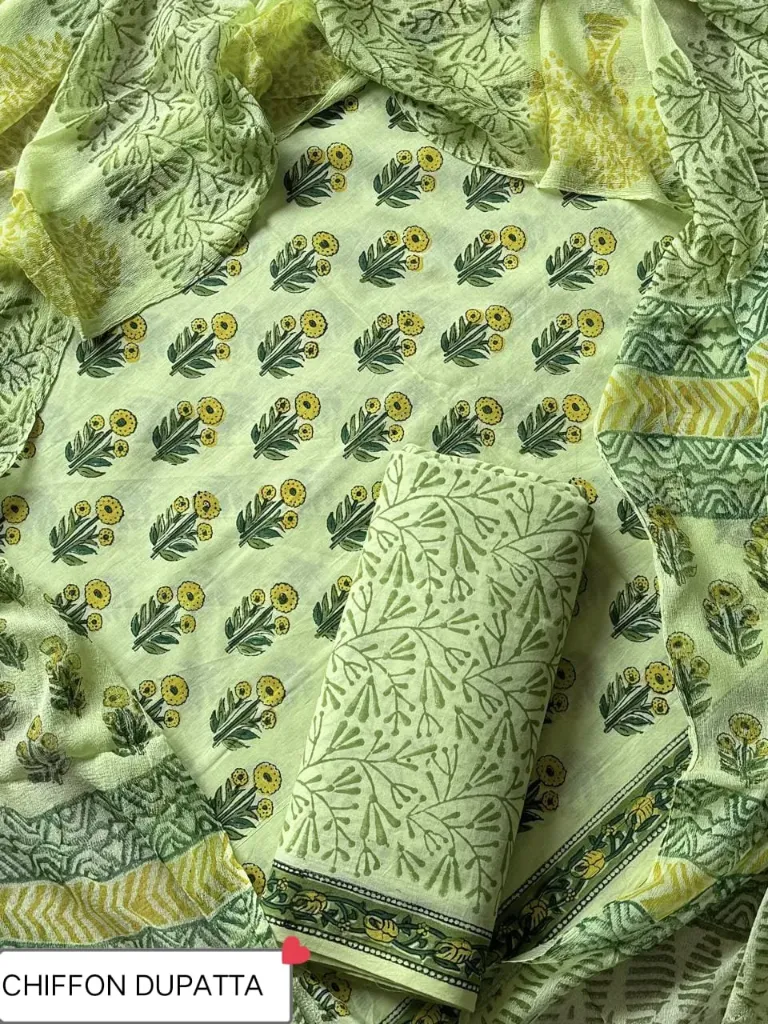 Hand block printed   cotton  parrot green colour with chiffon  duptta dress material(suit)