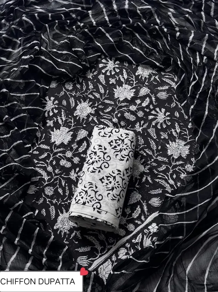 Hand block cotton  black  and white  colour floral print with chiffon lahariya  duptta dress material(suit)