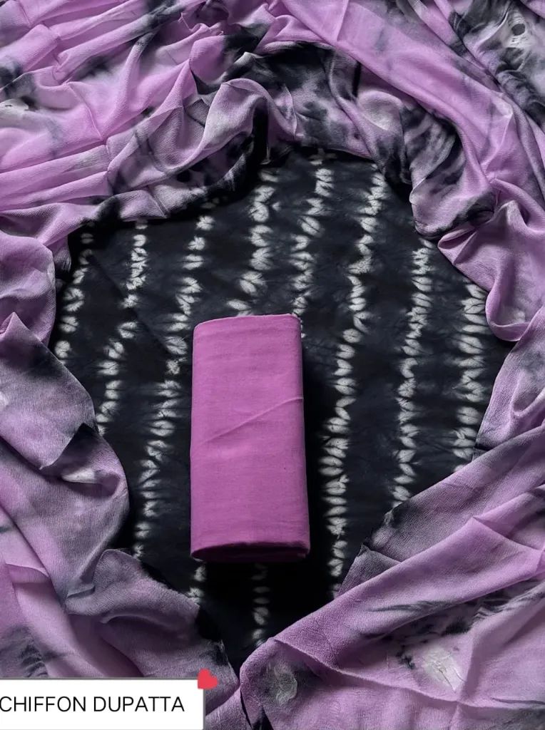 Hand tie and die  cotton  black  and light purple  colour  with chiffon lahariya  duptta dress material(suit)