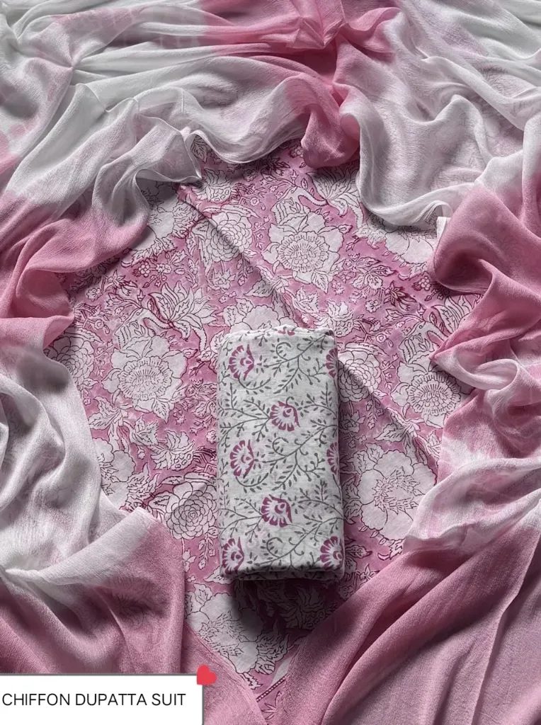 Hand block floral print  cotton  white and light pink colour  with chiffon lahariya  duptta dress material(suit)