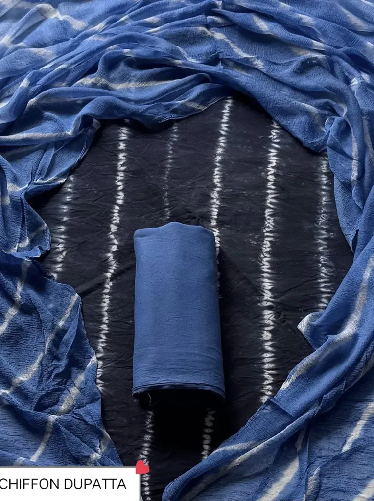 Hand tie and die  cotton  dark and light  blue colour  with chiffon lahariya  duptta dress material(suit)