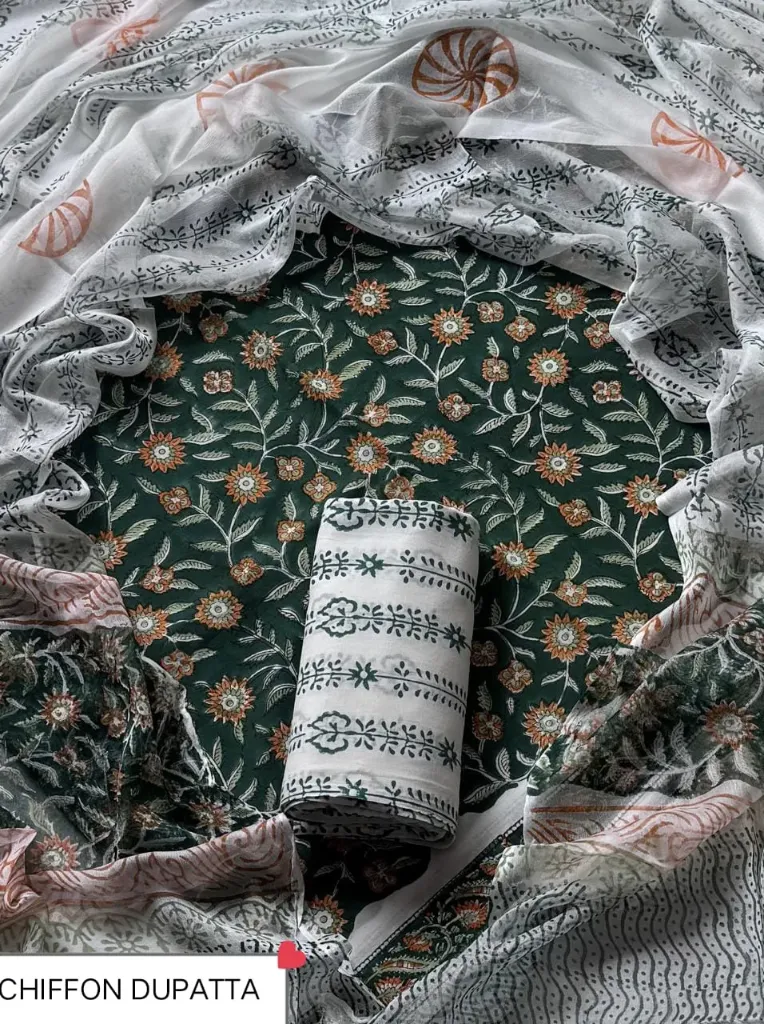 Hand  block printed  cotton  dark  green and white colour  with chiffon  duptta dress material(suit)