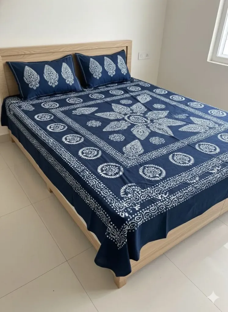 Hand Block printed double  bed blue colour bedsheet