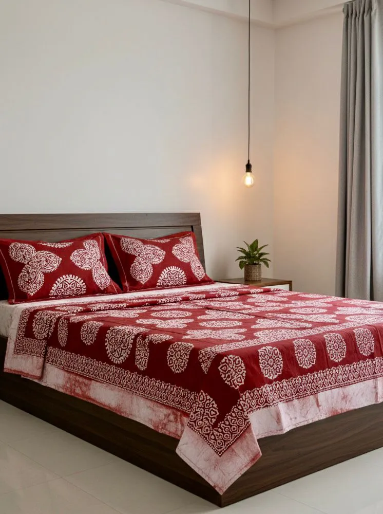 Hand Block printed double  bed   blood red colour bedsheet