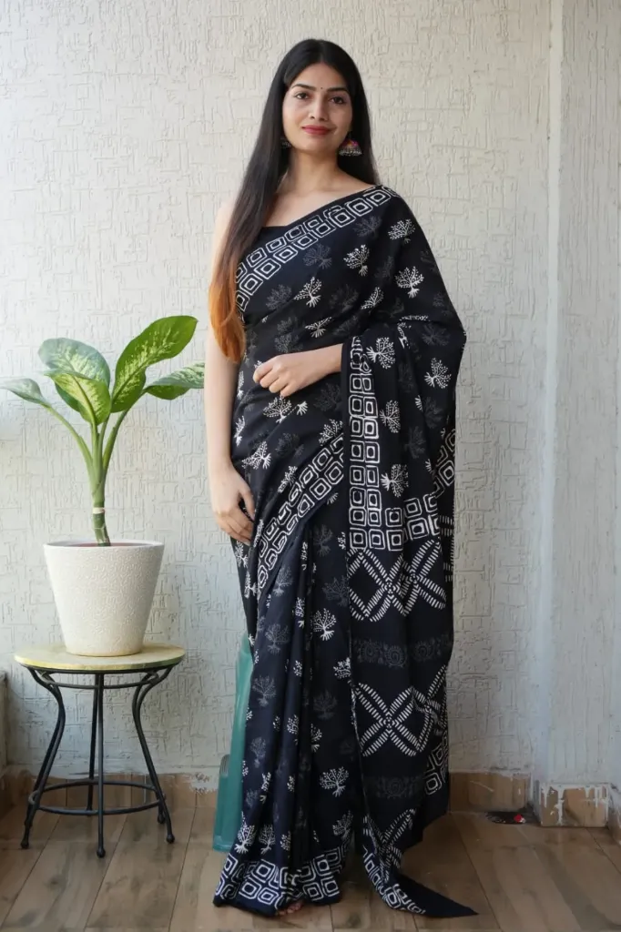 Hand block & batique print black saree