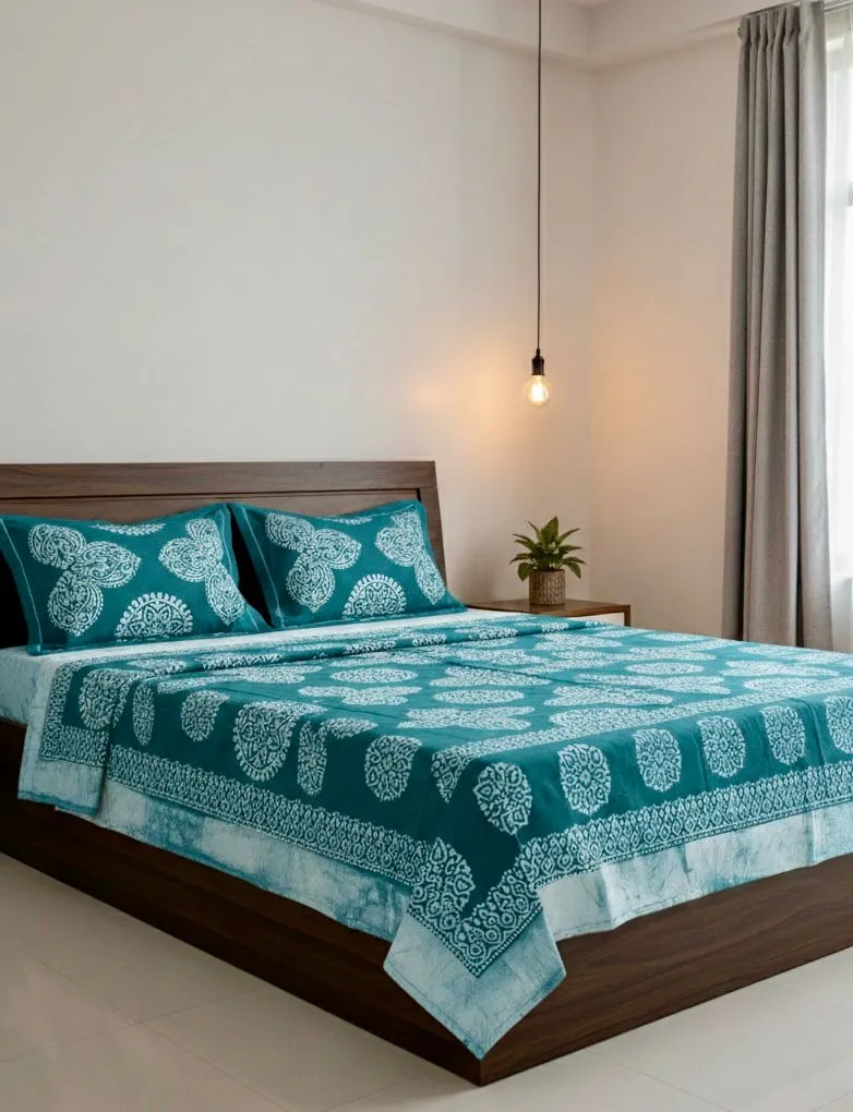 Hand Block printed double  bed   teal green colour bedsheet