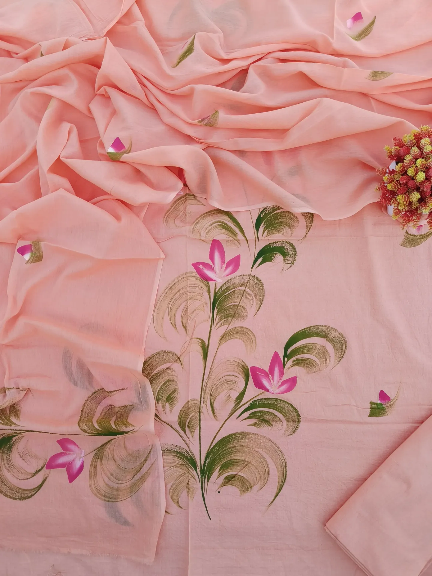 Hand brush printed Cotton suit with mulmul duptta peachy pinki or pastel pink colour (suit) dress material