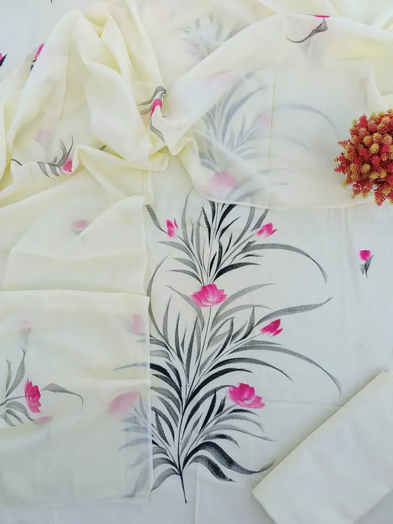 Hand brush printed Cotton suit with mulmul duptta cream colour (suit) dress material