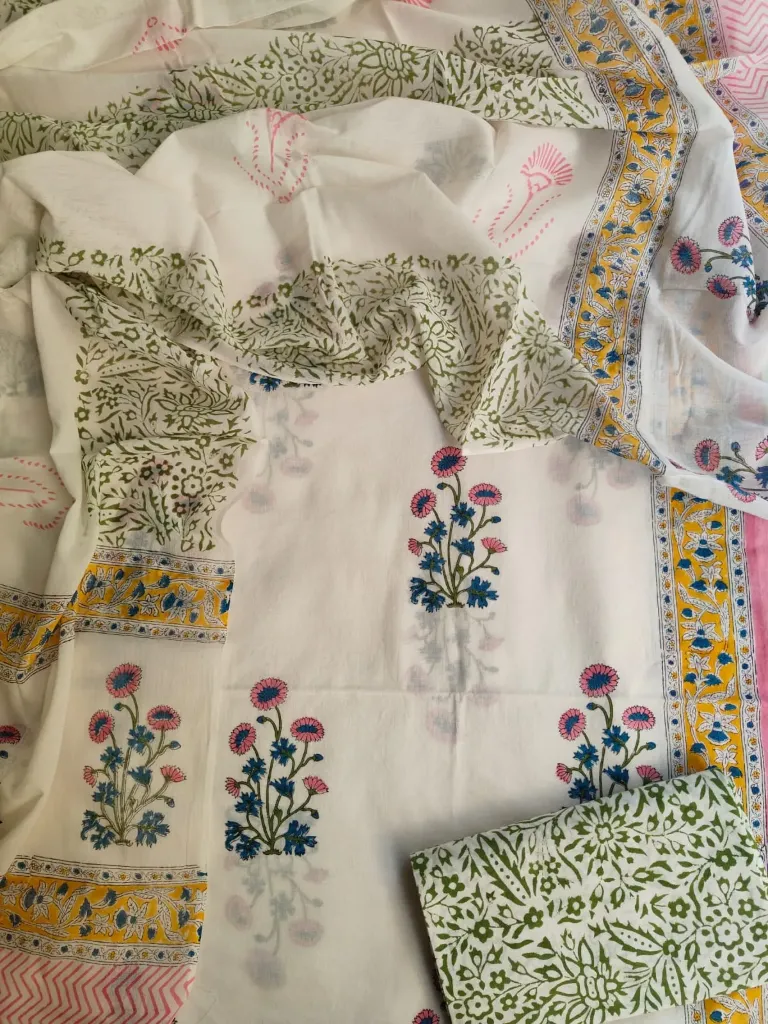 Hand brush printed Cotton suit with mulmul duptta cream colour  floral print (suit) dress material