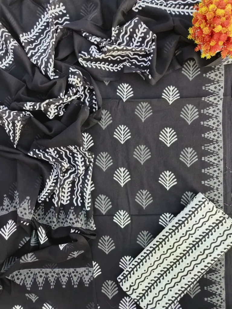 Hand block printed Cotton suit with mulmul duptta grey and white colour  (suit) dress material.