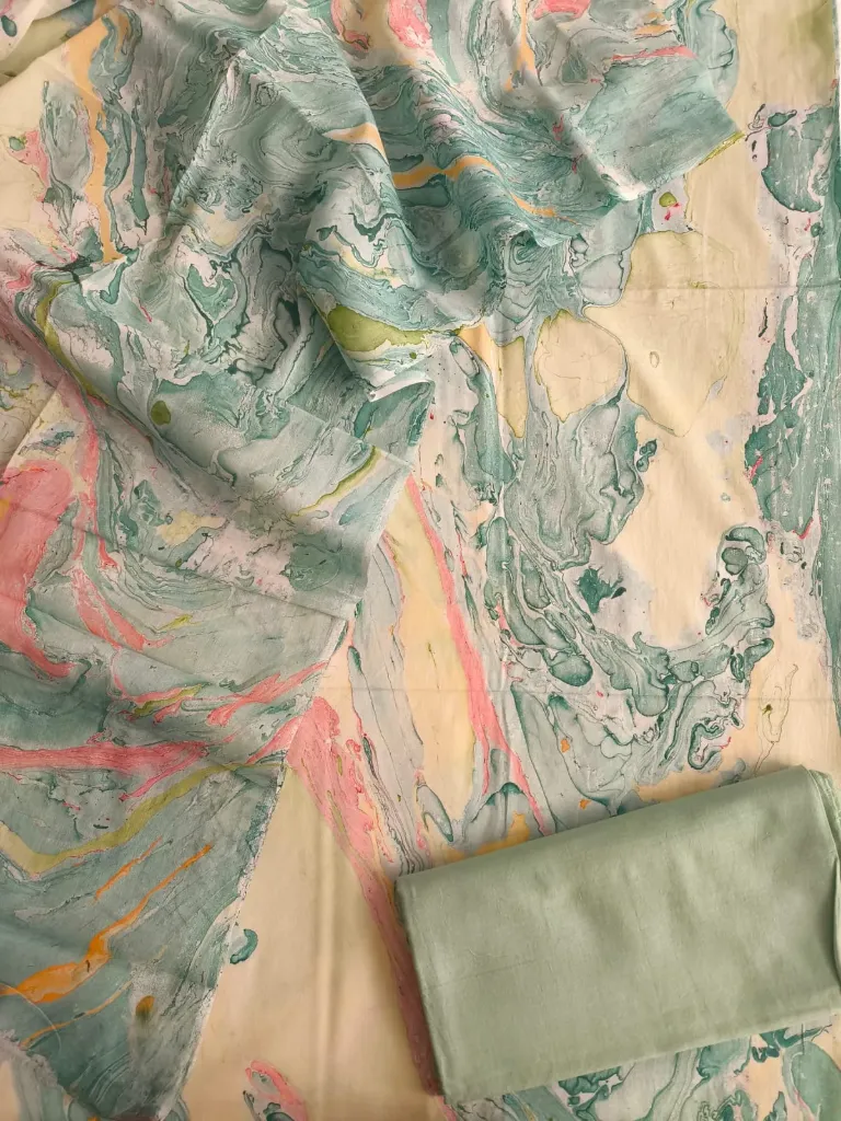 Hand block  marble printed Cotton suit with mulmul duptta   (suit) dress material.