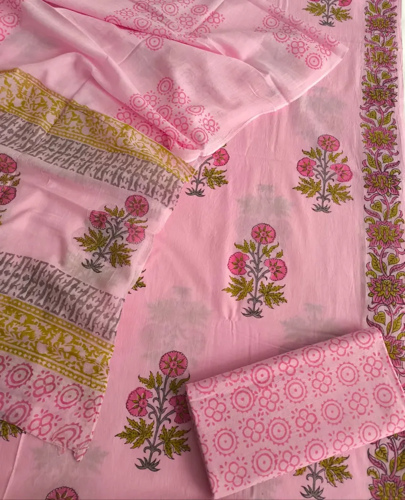 Hand block  Cotton suit with mulmul duptta  candy pink colour  (suit) dress material.