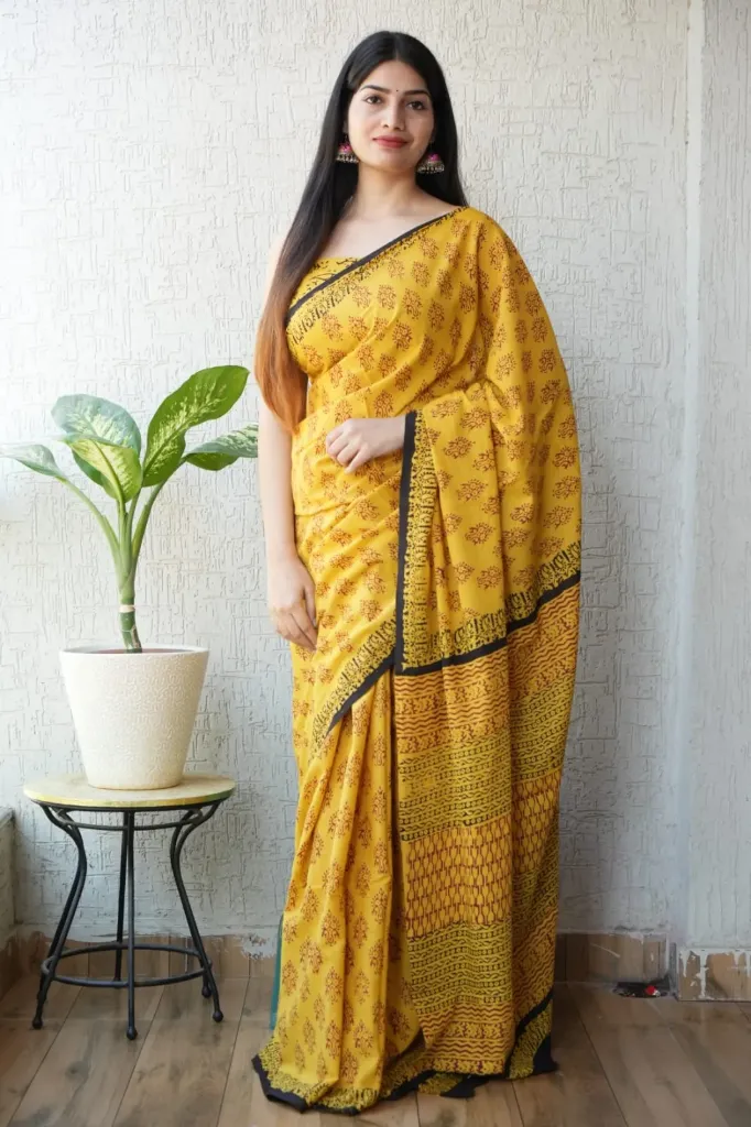 Hand block printed cotton mulmul yellow colour saree
