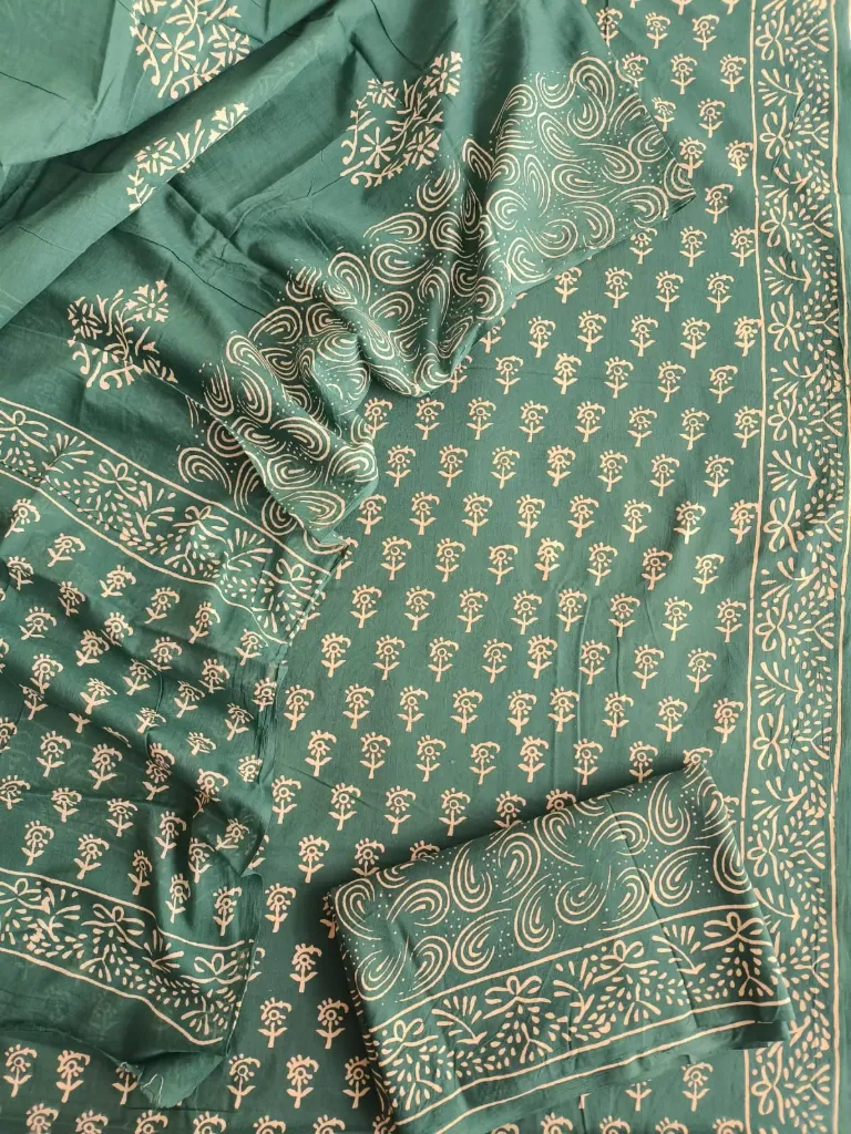 Hand block  Cotton suit with mulmul duptta  forest green  with beige  colour  (suit) dress material.