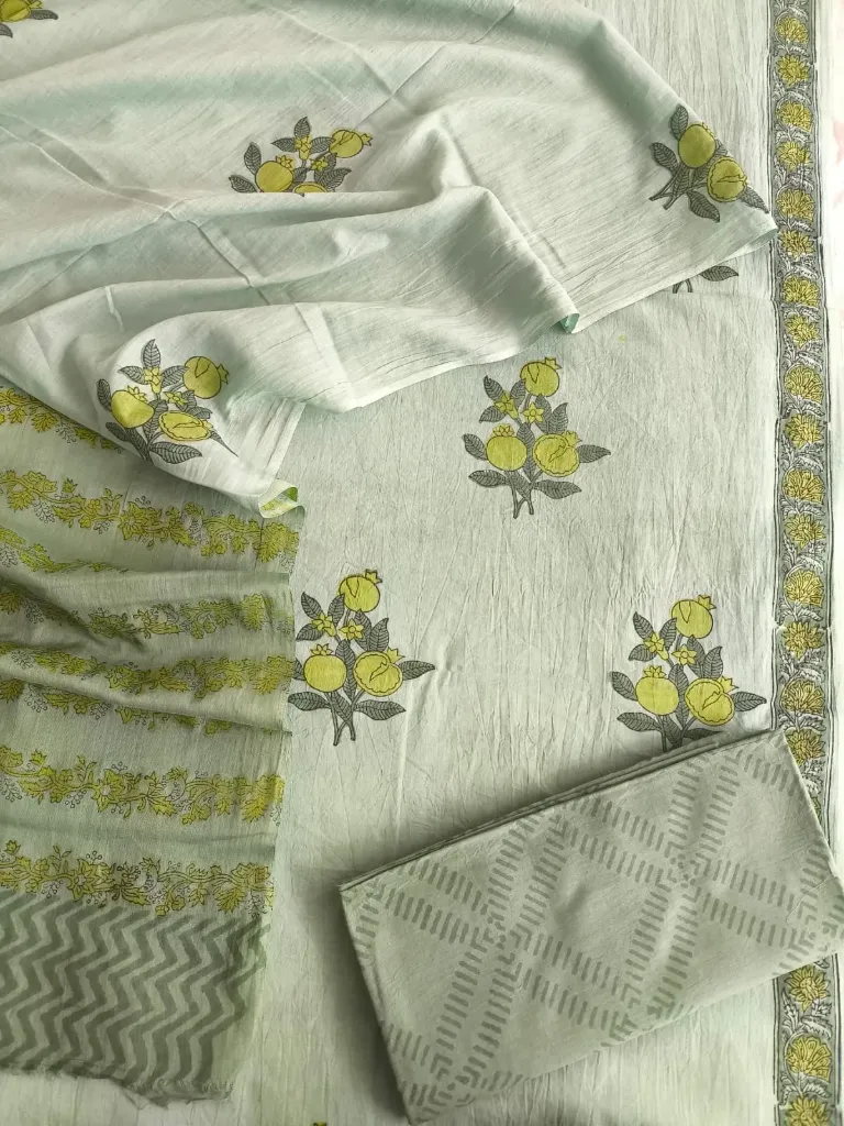 Hand block  Cotton suit with mulmul duptta  white with light green colour  (suit) dress material.