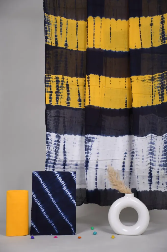 Hand block  Cotton suit with mulmul duptta  yellow,black,white  colour shibori and lahariya   (suit) dress material.