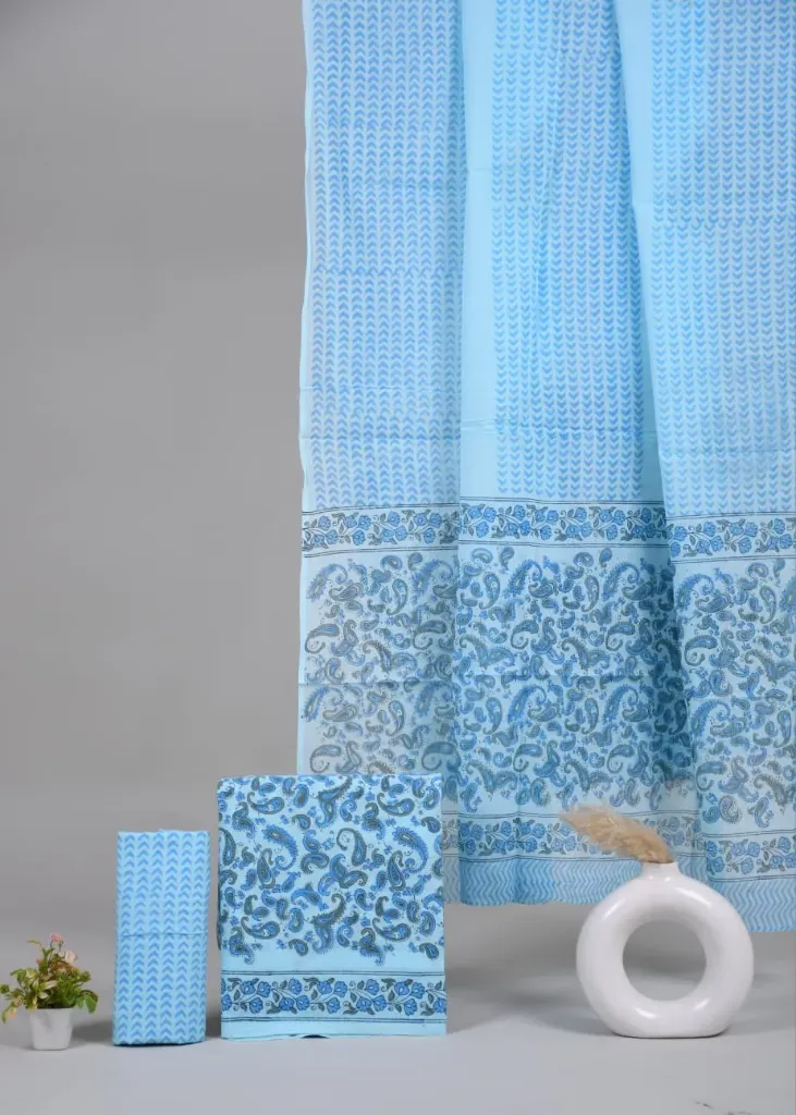 Hand block  Cotton suit with mulmul duptta  sky blue (suit) dress material.