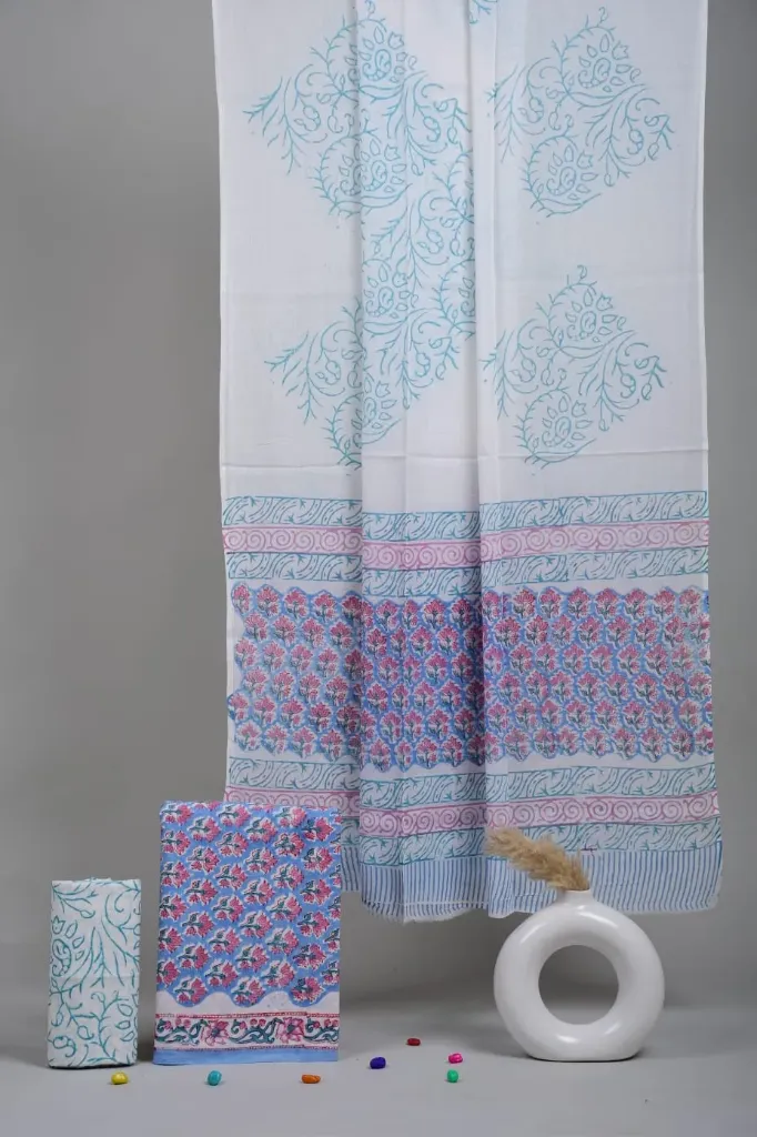 Hand block  Cotton suit with mulmul duptta  white (suit) dress material.