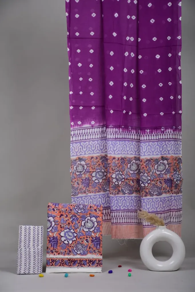 Hand block  Cotton suit with mulmul  bandhni duptta  pink floral (suit) dress material.