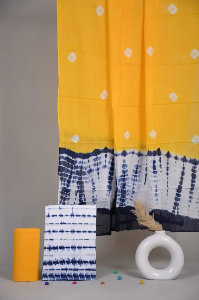 Hand block  Cotton suit with mulmul duptta  yellow bandhni with shibori (suit) dress material.