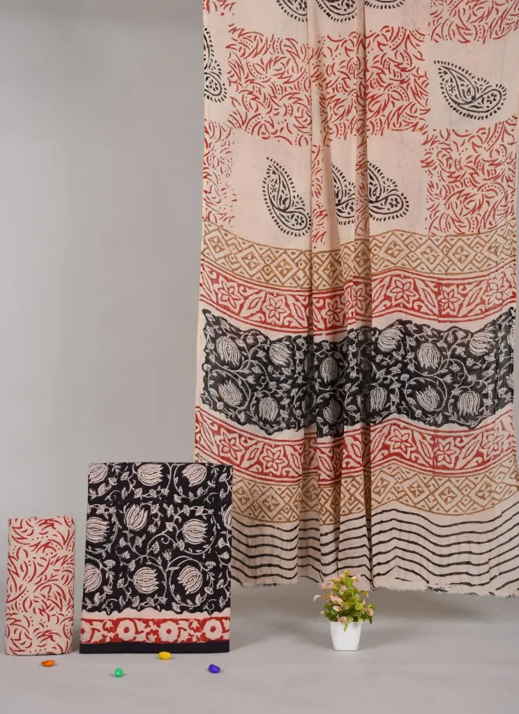 Hand block  Cotton suit with mulmul duptta  black , off white (suit) dress material.