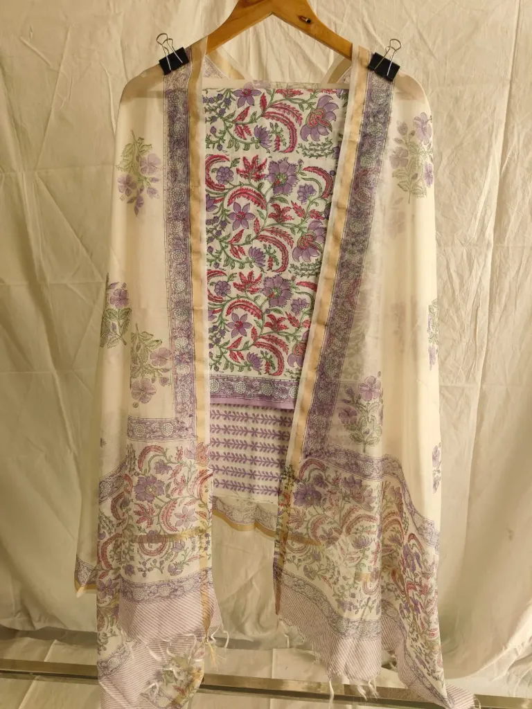 Hand block printed Cotton suit with chanderi silk duptta natural beige colour with floral print