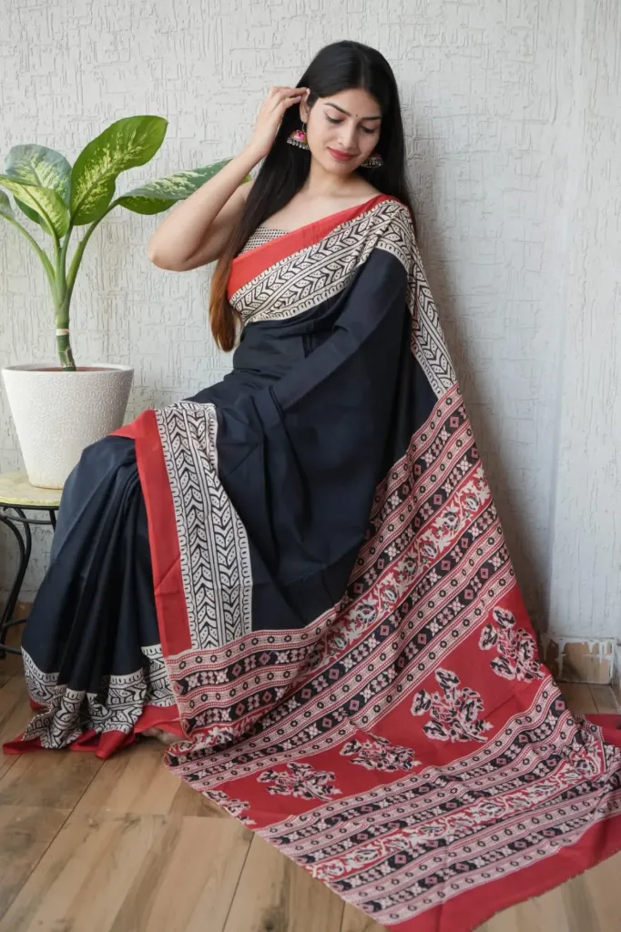 Hand block printed black colour red border mulmul saree